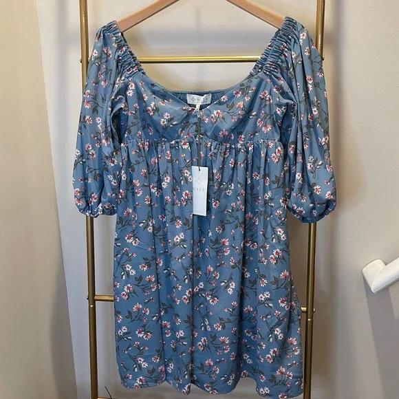 Wayf | Dresses | Nwt Wayf Puff Sleeve Babydoll Dress In Dusty Blue Allover  | Poshmark